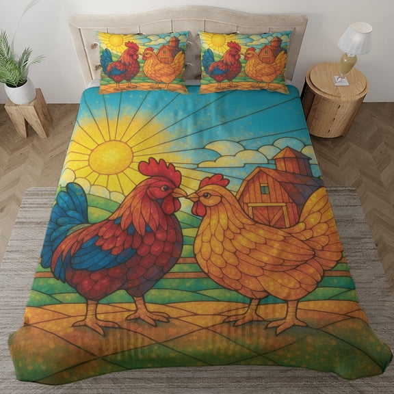 Lotusprinthandmade Couple Chicken Bedding Set (Made in Vietnam) (60x80), chicken animal lovers bedding, cute chicken couple bedding