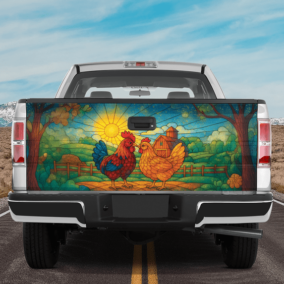 Lotusprinthandmade Couple Chicken Tailgate Wrap 2 Sizes (24"x58"), cute chicken couple truck wrap, chicken lovers tailgate decal