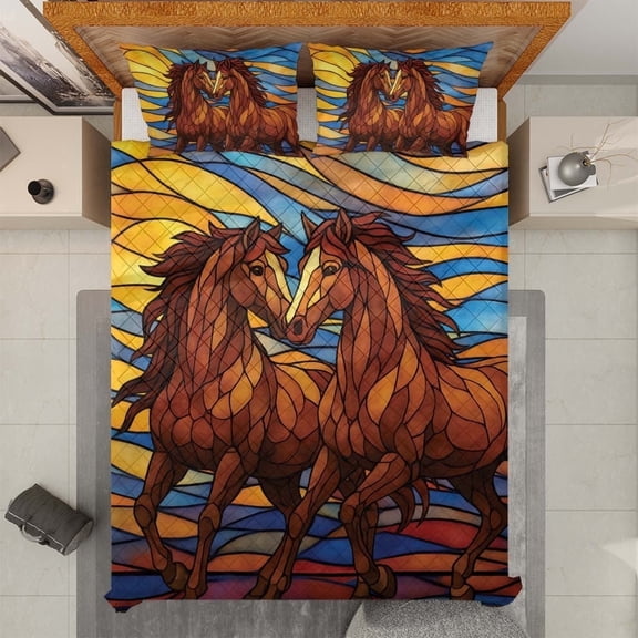 Lotusprinthandmade Couple Horse Colorful Quilt Bedding Set, Fold Hem, 70x80