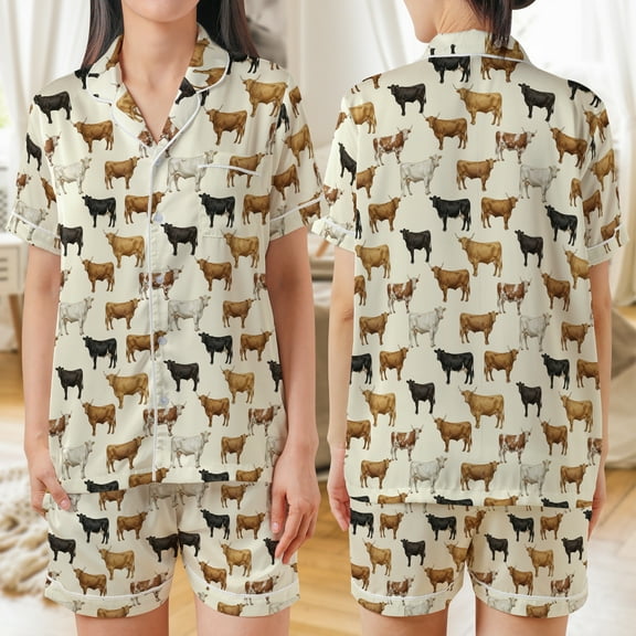 Lotusprinthandmade Cow All-over Print Satin Short-Sleeve Pajamas Set (S), cow print pajama set, satin pajamas for women