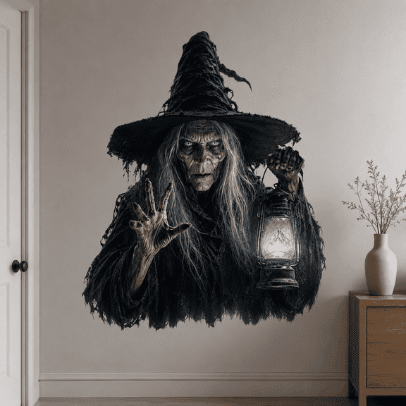 Lotusprinthandmade Creepy Witch Transparent Vinyl Decal Multicolor, Gothic Halloween Window Wall Decoration