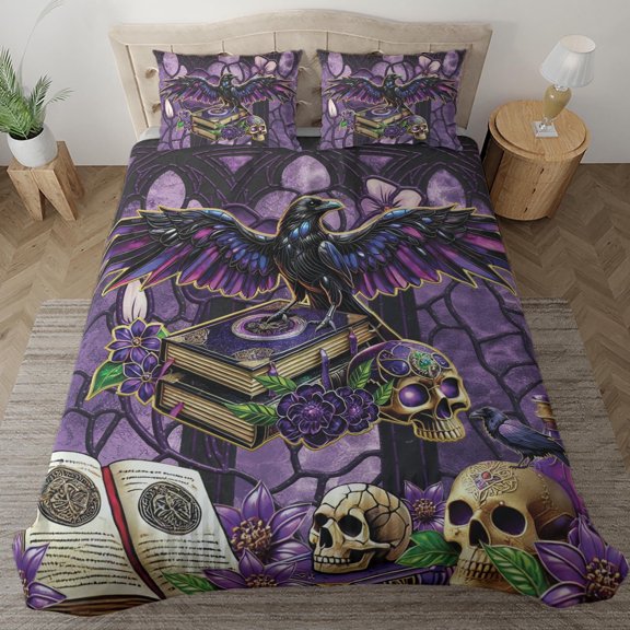 Lotusprinthandmade Crow Bird Skull and Book Bedding Set