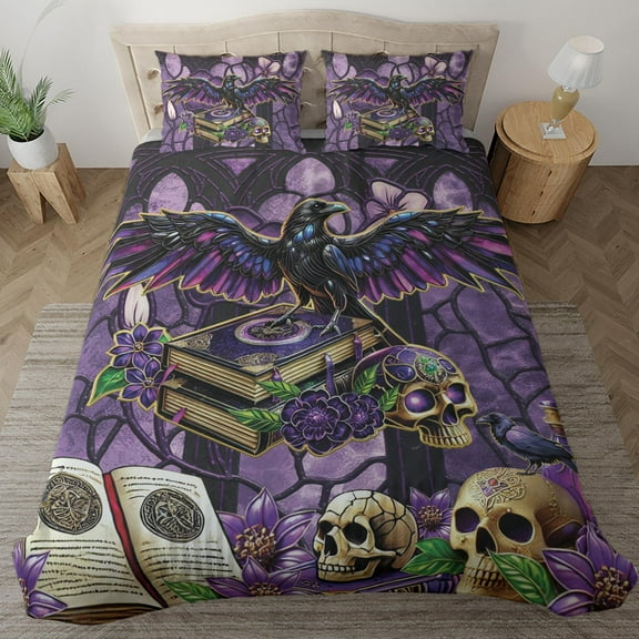 Lotusprinthandmade Crow Bird Skull and Book Bedding Set (Made in Vietnam) (88x88), Book Lovers Gift, Halloween Gift Skull Crow Bird, skull crow bird halloween bedding