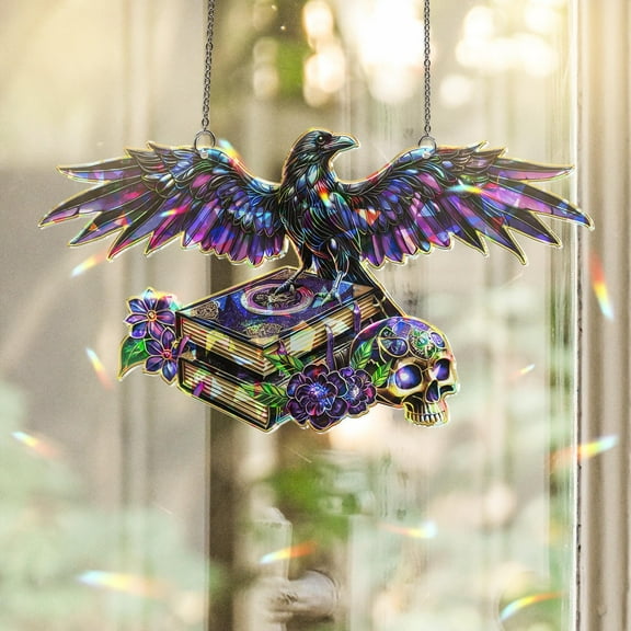 Lotusprinthandmade Crow Bird Skull and Book Custom Shape Broken Glass Hologram Ornament 3.5in, Halloween Gift Skull Crow Bird, crow bird with skull and book holographic ornament
