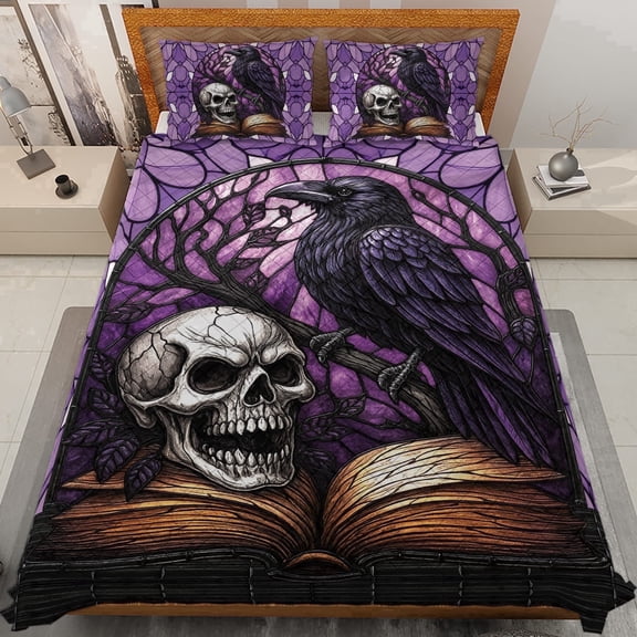 Lotusprinthandmade Crow Bird Skull and Book Quilt Bedding Set, White Binding, 60x70