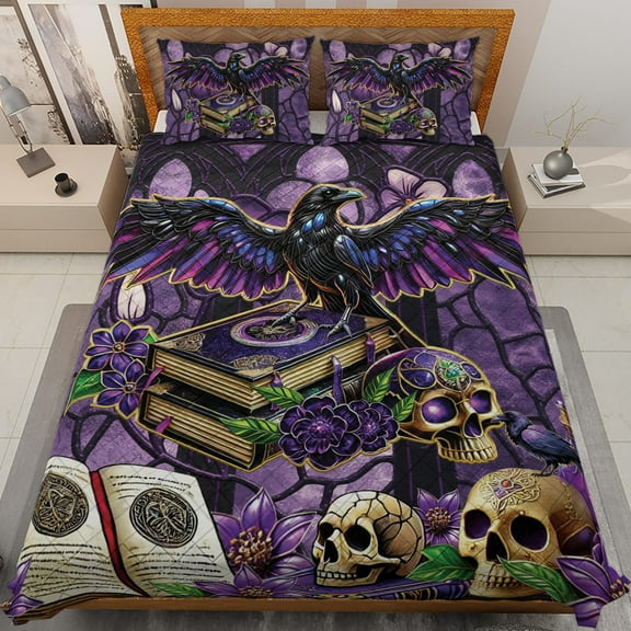 Lotusprinthandmade Crow Bird Skull and Book Quilt Bedding Set (White Binding) 5 Sizes (Made in Vietnam) (70x80), crow bird quilt, crow skull quilt bed set, skull bird quilt bedding