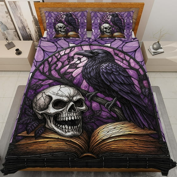 Lotusprinthandmade Crow Bird Skull and Book Quilt Bedding Set (White Binding) 5 Sizes (Made in Vietnam) (80x90), crow bird and book bedspread, skull and crow bird quilt