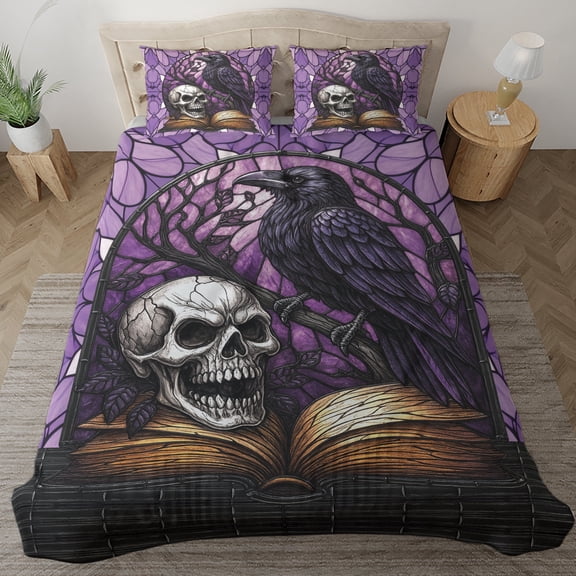 Lotusprinthandmade Crow Bird Skull and Book Bedding Set, Multicolor, 104x88