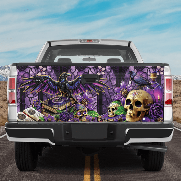 Lotusprinthandmade Crow Bird Skull and Book Tailgate Wrap 2 Sizes (24"x58"), crow bird tailgate wrap, crow bird skull decal, crow bird truck wrap