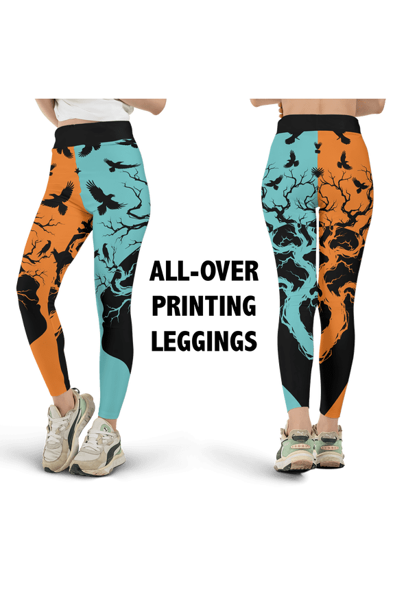 Crow Bird and Tree Halloween All-over Print Leggings XS-5XL (XS), crow bird leggings, crow bird pattern leggings, crow bird print halloween leggings