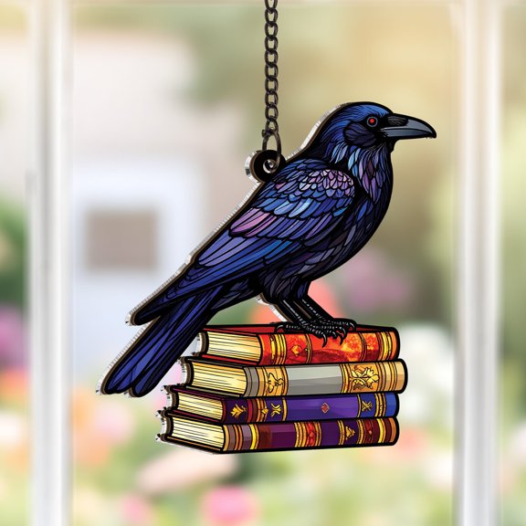 Lotusprinthandmade Crow Bird and Book Custom Shape Window Hanging Suncatcher 4in, crow bird decor, book lovers window ornament
