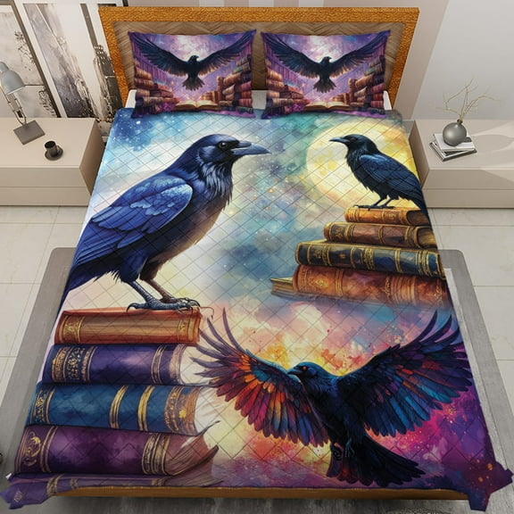 Lotusprinthandmade Crow Bird and Book Quilt Bedding Set (White Binding) 5 Sizes (Made in Vietnam) (90x100), quilt bedding with crow bird design