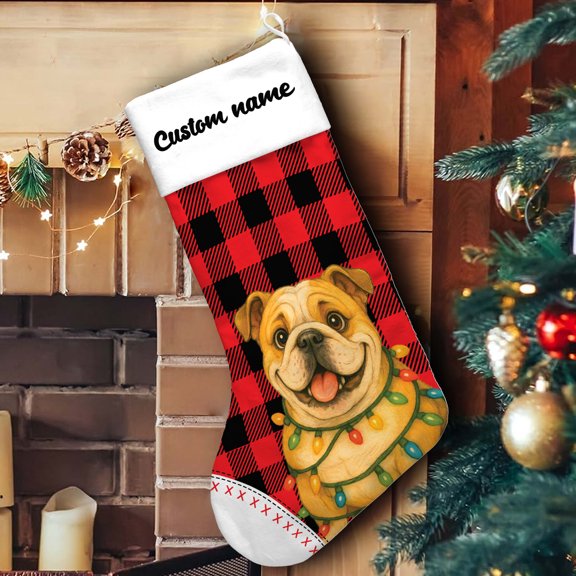 Lotusprinthandmade Custom Name Bulldog Lovers Christmas Stocking (M), cute bulldog christmas stocking with name