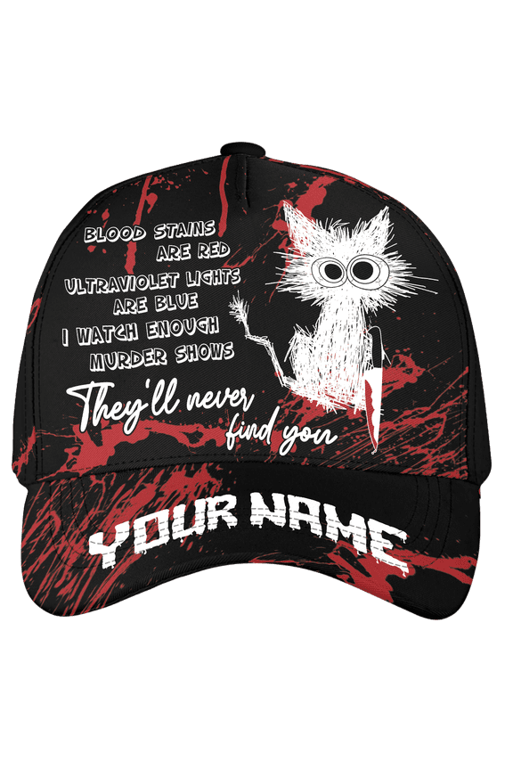 Custom Name Horror Halloween Funny Cat They'll Never Find You Classic Baseball Cap