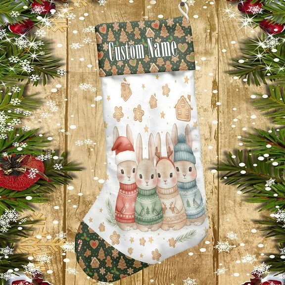 Lotusprinthandmade Custom Name Rabbit Lovers Christmas Stocking (L), cute rabbit christmas stocking, christmas rabbit stocking