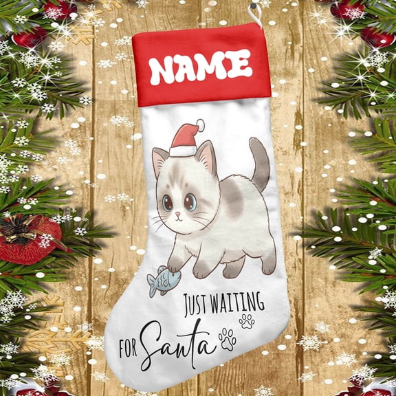 Lotusprinthandmade Customized Cute Cat Wait for Santa Christmas Stocking (L), cat christmas decor stocking, cat christmas home decor stocking