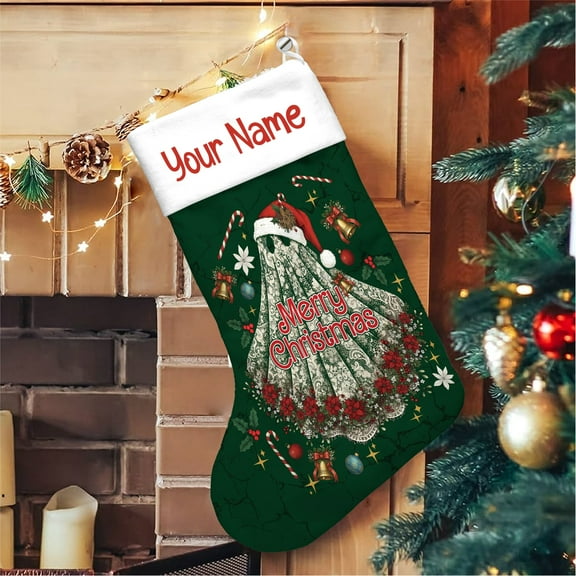 Lotusprinthandmade Customized Name Merry Christmas Spooky Graphic Christmas Stocking (M), spooky christmas decor stocking, funny spooky christmas stocking