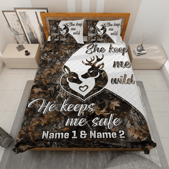 Lotusprinthandmade Customized Valentine's Day Deer Quilt Bedding Set (White Binding) 5 Sizes (Made in Vietnam) (55x60), Romantic Deer Couple Quilt Bedding, Personalized Deer Love Bedspread
