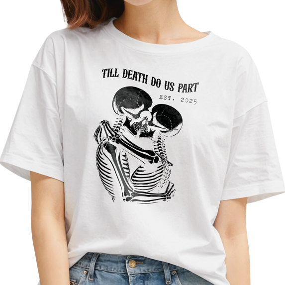 Lotusprinthandmade Customized Year Skull Skeleton Couple White Classic Unisex T-Shirt 100% Cotton S-5XL (L), Anniversary Gift Skeleton, personalized skeleton couple tee