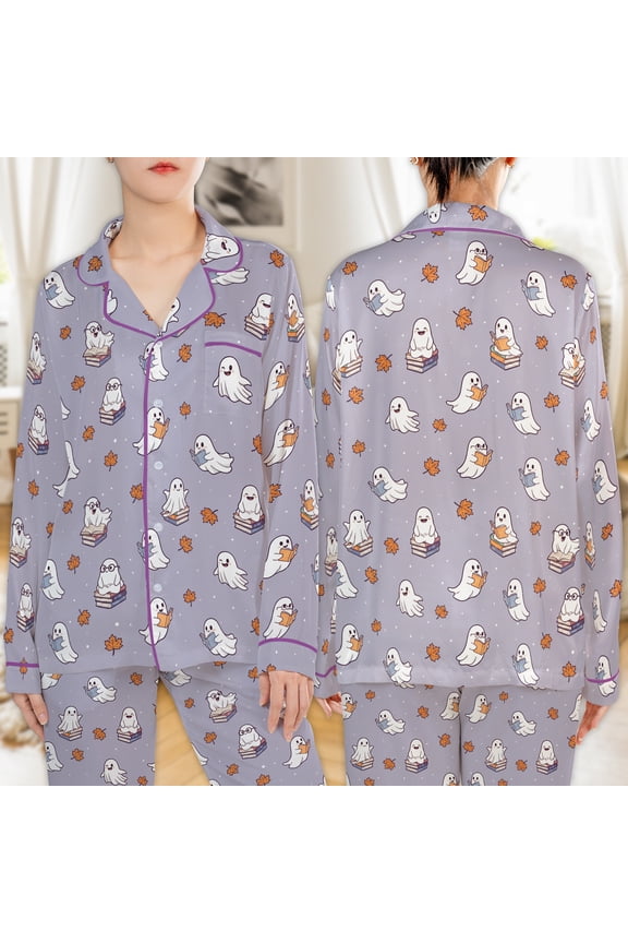 Cute Bookish Ghost Halloween Graphic All-over Print Satin Pajamas Set (4XL), bookish ghost pajamas