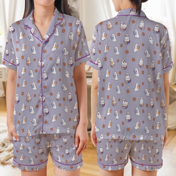 Lotusprinthandmade Cute Bookish Ghost Halloween All Over Print Satin Short Sleeve Pajamas Set