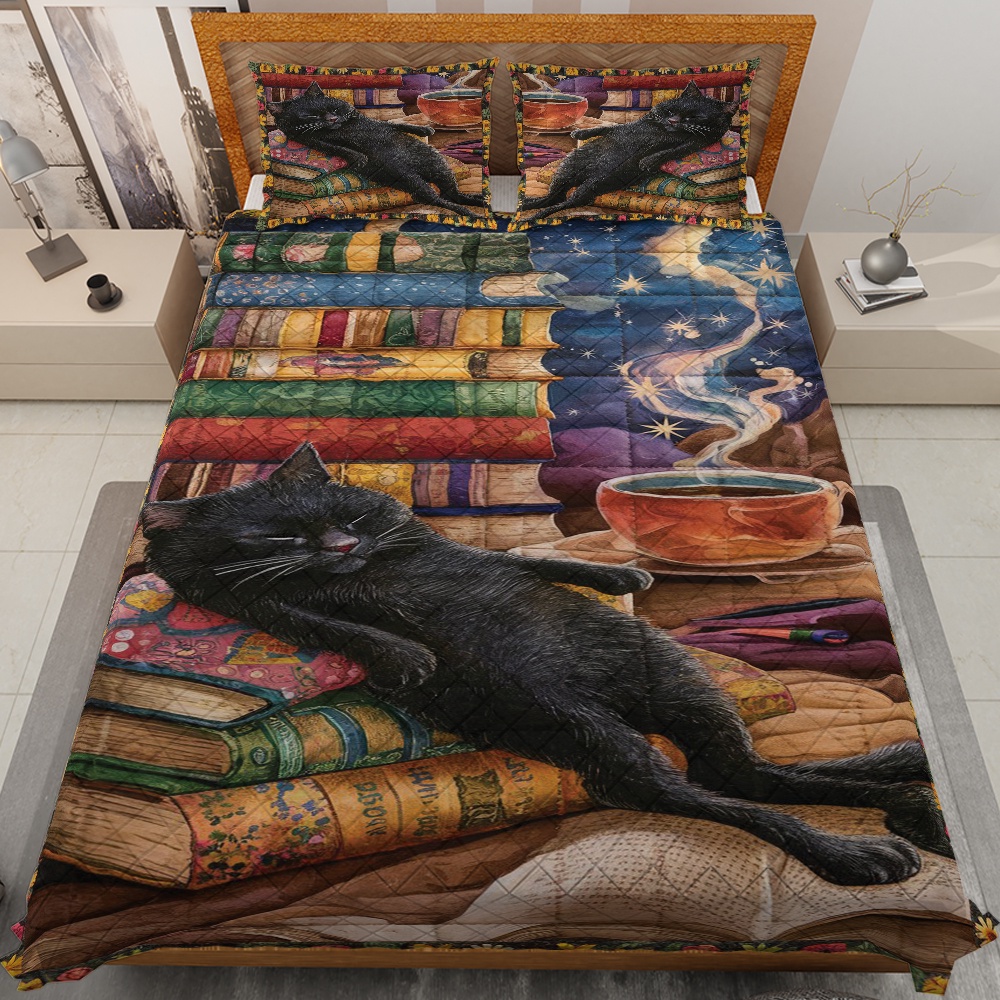 Lotusprinthandmade Cute Cat And Book Quilt Bedding Set (White Binding ...
