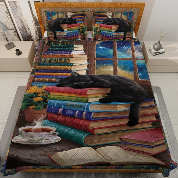 Lotusprinthandmade Cute Cat And Book Quilt Bedding Set (White Binding) 5 Sizes (Made in Vietnam) (80x90), Cozy Book And Cat Quilt, Charming Cat Lover'S Quilt