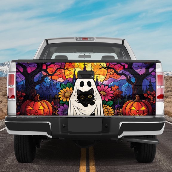 Lotusprinthandmade Cute Cat and Spooky Floral Halloween Tailgate Wrap 26 x 66 in Truck Decal
