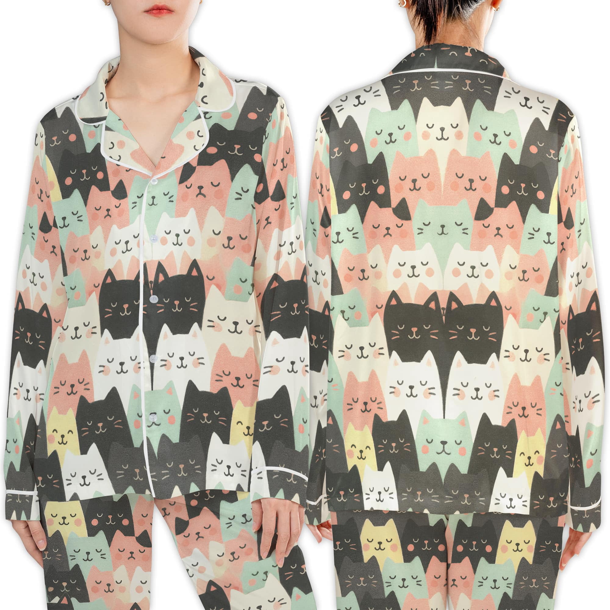 Lotusprinthandmade Cute Cats All-over Print Satin Pajamas Set (L ...