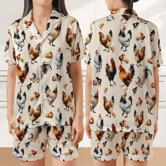 Lotusprinthandmade Cute Chicken All-over Print Satin Short-Sleeve Pajamas Set (5XL) – Farm Animal Pajamas Set