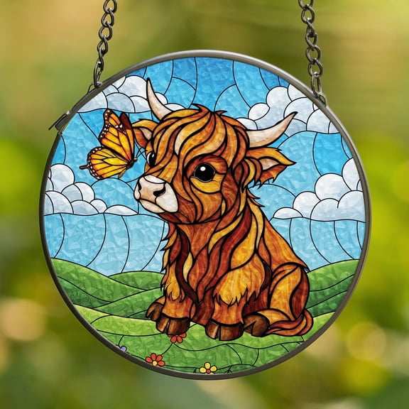 Lotusprinthandmade Cute Cow Stained Glass Suncatcher for Window Hanging Cir9.8in