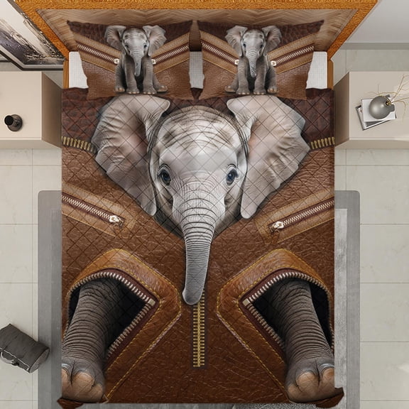 Lotusprinthandmade Cute Elephant in Pocket Brown Pattern Quilt Bedding Set, White Binding, 60x70, Cozy And Stylish Elephant Design Quilt
