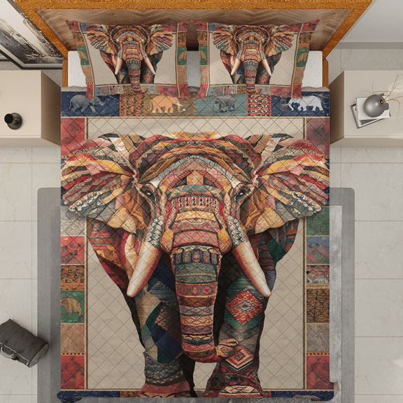 Lotusprinthandmade Cute Elephant Quilt Bedding Set (White Binding) 5 Sizes (Made in Vietnam) (55x60), Adorable Elephant-Themed Bedding, Cozy Elephant Quilt Blanket