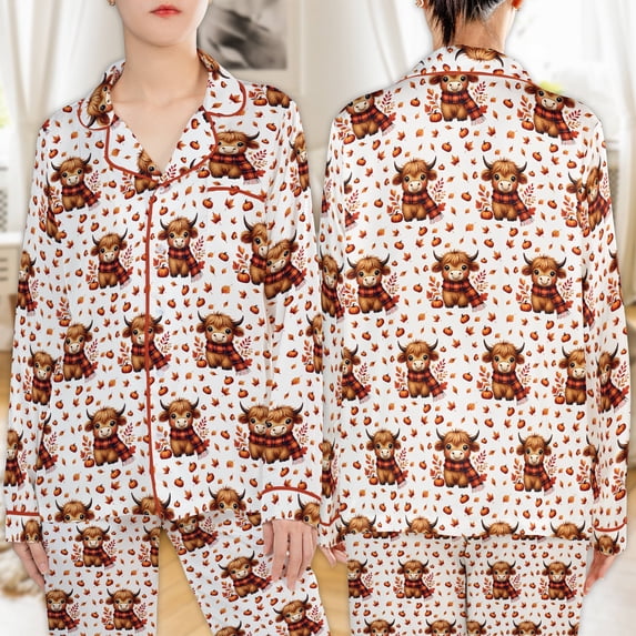 Lotusprinthandmade Cute Fall Highland Cow Graphic All-over Print Satin Pajamas Set (M), fall highland cow pajama set, autumn cow sleepwear