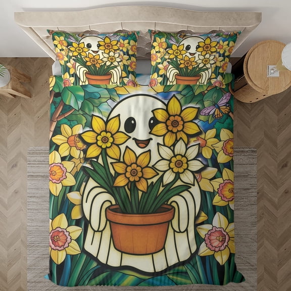 Lotusprinthandmade Cute Ghost With Flowers Bedding Set, Multicolor, 78x88