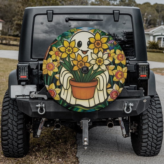 Lotusprinthandmade Cute Ghost With Flowers Spare Tire Cover With Backup Camera Hole 6 Sizes (27 in.)