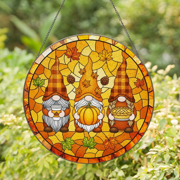 Lotusprinthandmade Cute Gnomes Fall Thanksgiving Gift Stained Glass Suncatcher for Window Hanging Cir6in, thanksgiving gift gnomes suncatcher