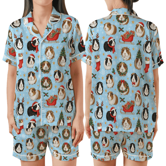 Lotusprinthandmade Cute Guinea Pig Animal Lovers Christmas All-over Print Matching Pajamas Set Short-Sleeve M, Multicolor