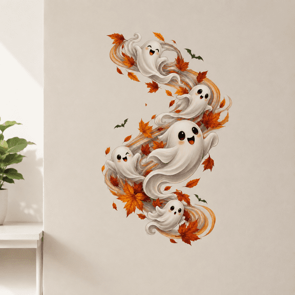 Lotusprinthandmade Cute Halloween Ghost Transparent Vinyl Decal Multicolor, Autumn Leaves Window Wall Decoration