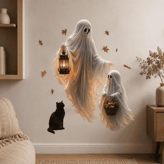 Lotusprinthandmade Cute Halloween Ghost Transparent Vinyl Decal Multicolor, Spooky Bat Wall Window Decoration