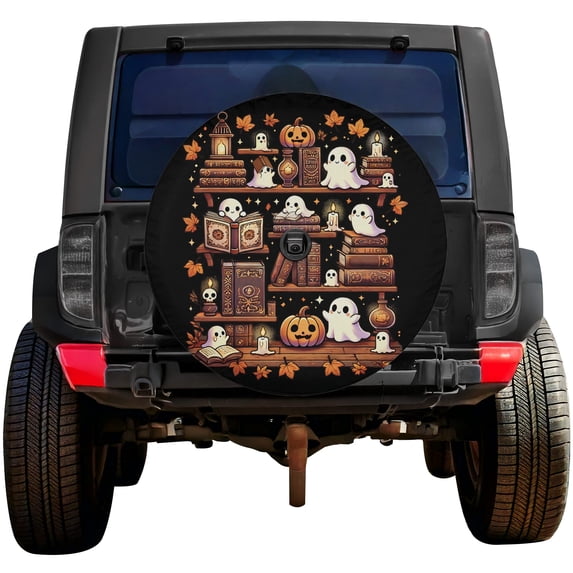 Lotusprinthandmade Cute Halloween with Books Spare Tire Cover With Backup Camera Hole 6 Sizes (34 in.)– Tire Cover With Halloween Theme
