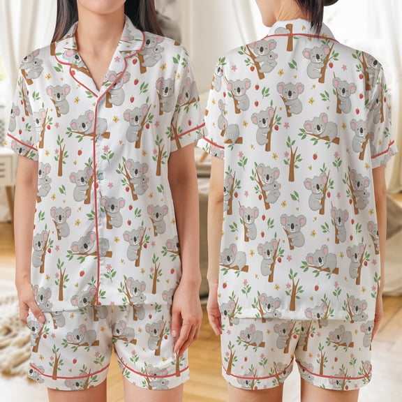 Lotusprinthandmade Cute Koala All-over Print Satin Short-Sleeve Pajamas Set (No Pocket) (XL), koala pajamas set, cute koala sleepwear