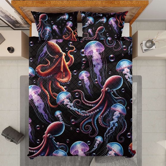Lotusprinthandmade Cute Octopus Quilt Bedding Set, White Binding, 55x60