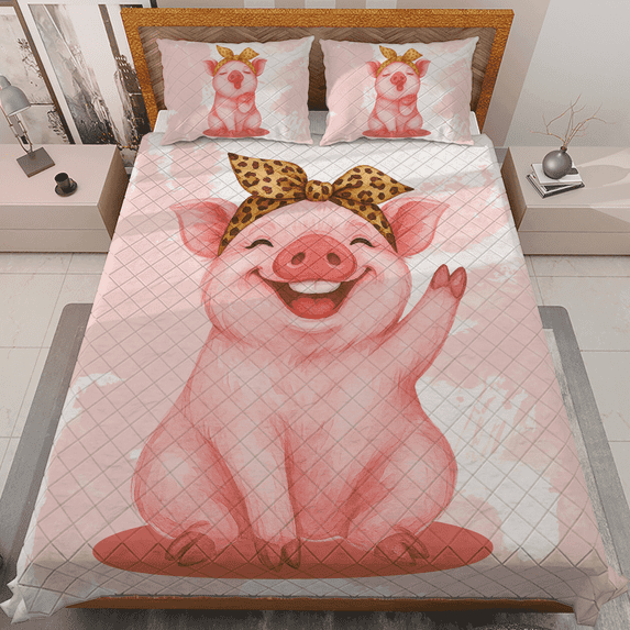 Lotusprinthandmade Cute Pig Lovers Quilt Bedding Set, Fold Hem, 80x90