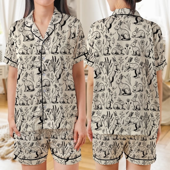 Lotusprinthandmade Cute Rabbit All-over Print Satin Short-Sleeve Pajamas Set (No Pocket) (S), rabbit pajamas, rabbit print pajama set