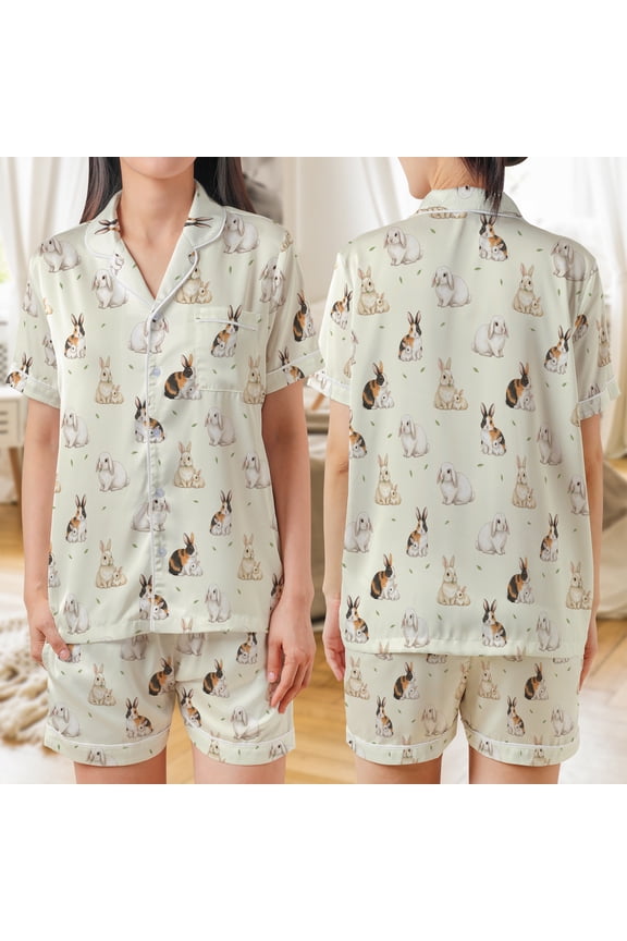 Cute Rabbit All-over Print Satin Short-Sleeve Pajamas Set (S), rabbit satin pajamas, cute rabbit sleepwear