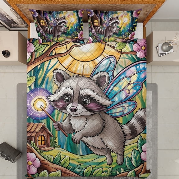 Lotusprinthandmade Cute Raccoon Quilt Bedding Set, Fold Hem, 55x60