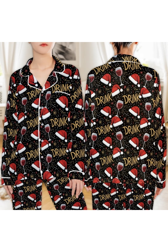 Cute Santa Wine Glass Christmas Graphic All-over Print Satin Pajamas Set (4XL), christmas pajama set, funny wine pajamas