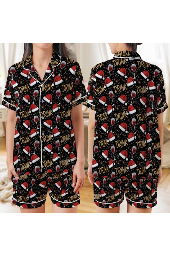 Cute Santa Wine Glass Christmas Graphic All-over Print Satin Short-Sleeve Pajamas Set (S), christmas pajama set, funny wine pajamas