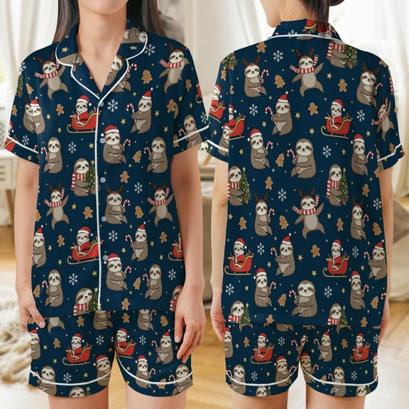 Lotusprinthandmade Cute Sloth Christmas All-over Print Satin Short-Sleeve Pajamas Set (No Pocket) (5XL), christmas sloth lovers loungewear set